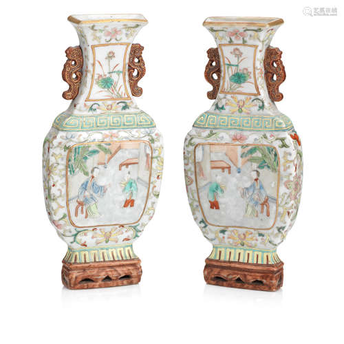 Late Qing A pair of mirrored famille rose wall vases