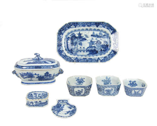 18th century A vegetable tureen and cover and other blue and white porcelains