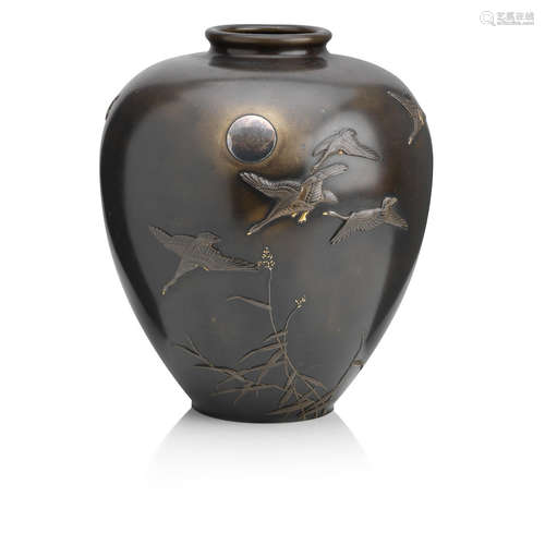 By Yukiharu, Meiji era   A relief decorated bronze vase