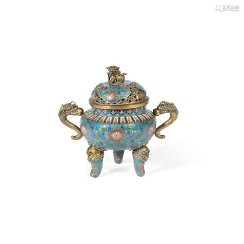 19th century A cloisonné enamel tripod incense burner and cover