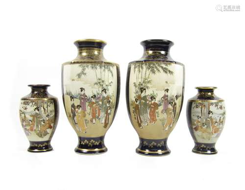 By Kizan, Meiji era Two pairs of Satsuma baluster vases