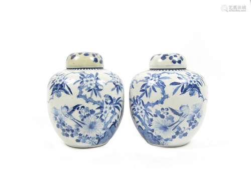 19th century A mirrored pair of blue and white ginger jars and covers