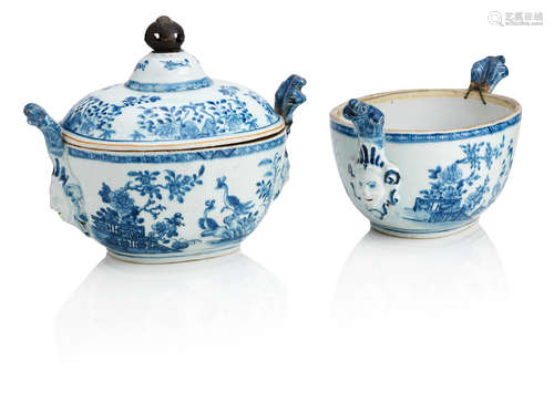 18th century Two blue and white 'Prince of Wales' tureens, one with cover