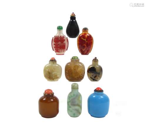 Nine various glass and agate snuff bottles