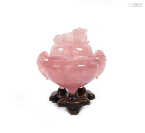 19th century A rose quartz incense burner and cover on stand