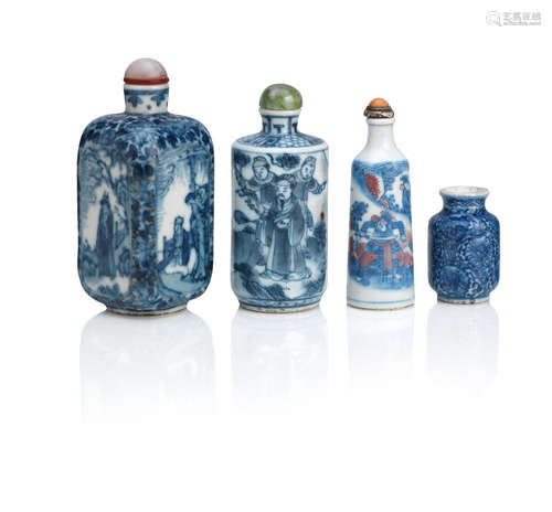 19th century Three blue and white snuff bottles and a miniature vase