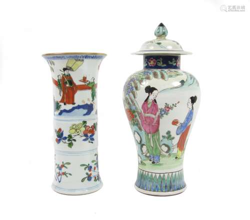 19th and 20th century A wucai sleeve vase and a famille rose baluster vase and cover