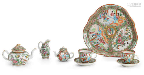 19th century A Canton famille rose afternoon tea set on tray