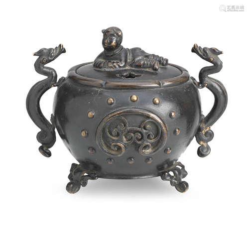 19th century A bronze tripod incense burner and cover