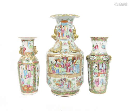 19th century Three famille rose Canton vases