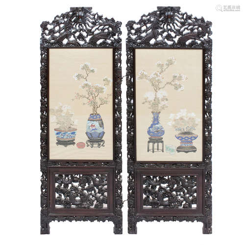 Qing Dynasty A two-fold blackwood floor screen with silk panels