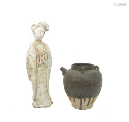 A Tang-style terracotta lady and a slip decorated pottery ewer