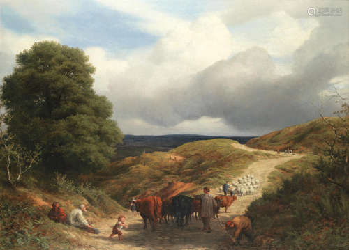 William Linnell(British, 1826-1906) Undulating landscape with livestock being driven along a path