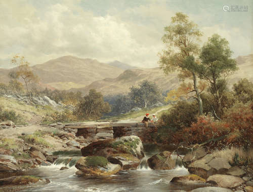 William Henry Mander(British, 1850-1922) River landscape with children on a bridge; Fishing in the Highlands, a pair each 36.2 x 45.7cm (14 1/4 x 18in).(2)