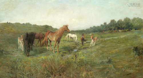 Lucy Kemp Welch(British, 1869-1958) Wild horses on a meadow, the hunt beyond