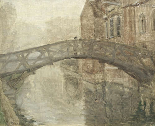 Ralph Peacock(British, 1868-1946) Misty morning on the Cam, The Mathematical Bridge, Queen's College, Cambridge