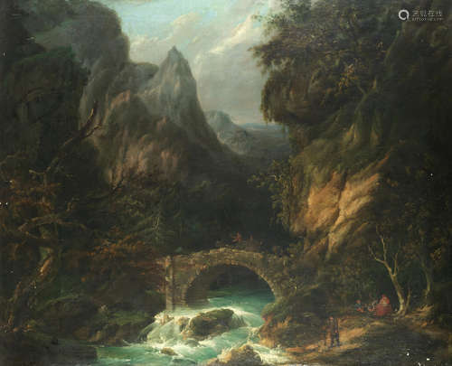 Alexandre Calame(Swiss, 1810-1864) A mountainous river landscape with figures crossing a bridge