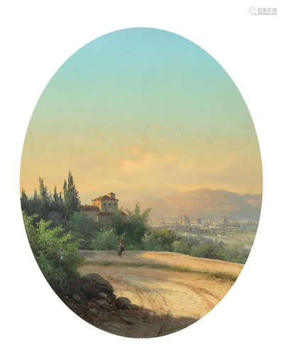 Guido Agostini(Italian, 19th Century) 'Roma - Rive del Tevere'; 'Firenze da Villa Magna', a pair each 22.3 x 26.7cm (8 3/4 x 10 1/2in).(2) oval