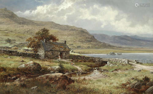 William Henry Mander(British, 1850-1922) Highland landscape with children by a croft