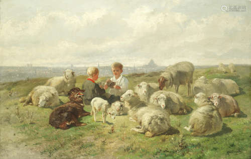 Cornelis van Leemputten(Belgian, 1841-1902) Two boys playing cards on a hill with sheep, Paris in the distance