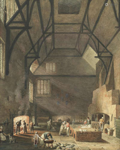 William Henry Pyne(British, 1769-1843) The kitchen of Trinity College, Cambridge, circa 1800