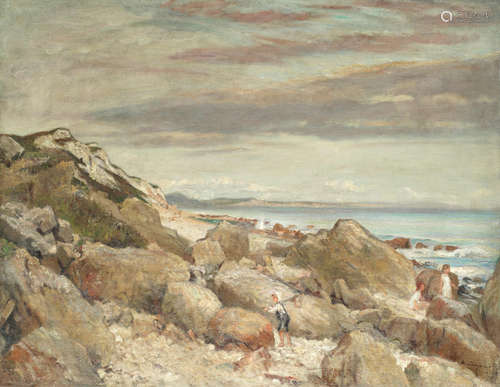 Alfred Robert Hayward(British, 1875-1971) A view along the coast with children playing