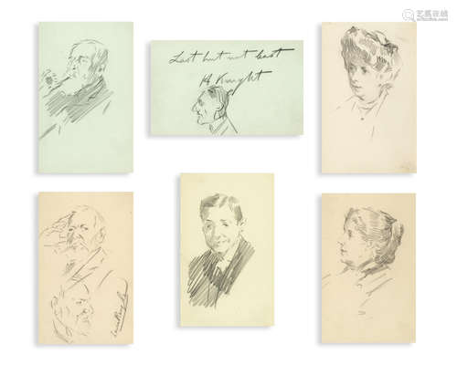 Dame Laura Knight, RA, RWS(British, 1877-1970) Portrait sketches including Harold Knight six separate sketches, mounted together, each 15.8 x 9.5cm (6 1/4 x 3 3/4in).