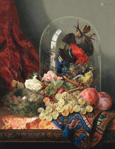 Ellen Ladell(British, born circa 1853-) Still life of fruit, a bird's nest and roses with a glass dome of exotic birds