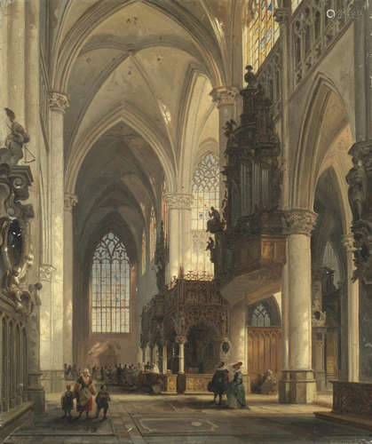 Jules Victor Genisson(Belgian, 1805-1860) Cathedral interiors, a pair the first, 31.4 x 36.8cm (12 3/8 x 14 1/2in); the second, 40 x 34cm (15 3/4 x 13 3/8in).(2) both unframed