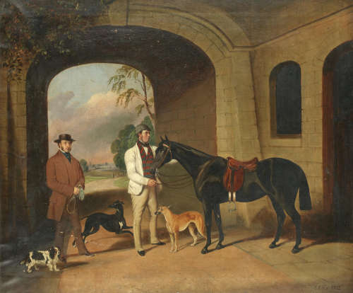 Edwin M. Fox(British, active 1830-1870) A gentleman with his horse, groom and dogs