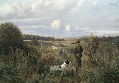 Simon Ludvig Ditlev Simonsen(Danish, 1841-1928) Shooting in the wetlands with pointers