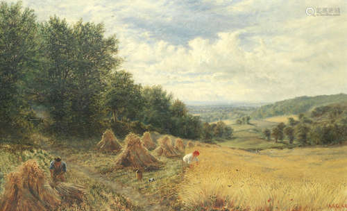 Alfred Augustus Glendening(British, 1840-1921) Harvest on a hillside