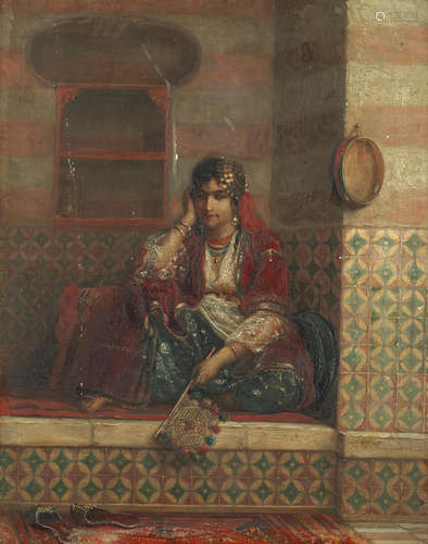 Jan Baptist Huysmans(Belgian, 1826-1906) Seated man with hookah; A corner of the Harem, a pair one 26.5 x 20.8cm (10 7/16 x 8 3/16in); the other 26.1 x 20.8cm (10 1/4 x 8 3/16in).(2)