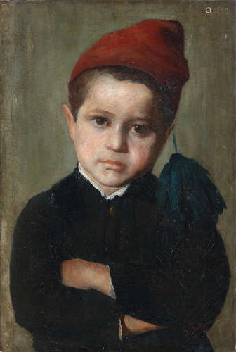 Gerolamo Induno(Italian, 1827-1890) Portrait of a boy wearing a red cap