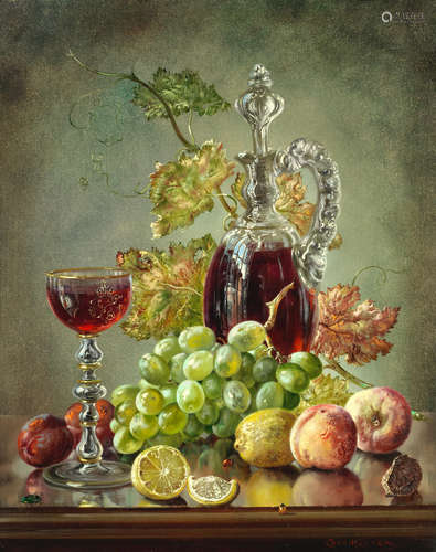 Cecil Kennedy(British, 1905-1997) Still life of fruit, vine leaves and a glass ewer