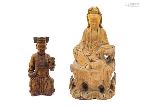 Two Chinese Carved Wood Seated Figures 20TH CENTURY the