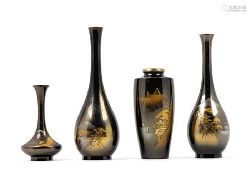 Four Japanese Mixed Metal Vases 20TH CENTURY each