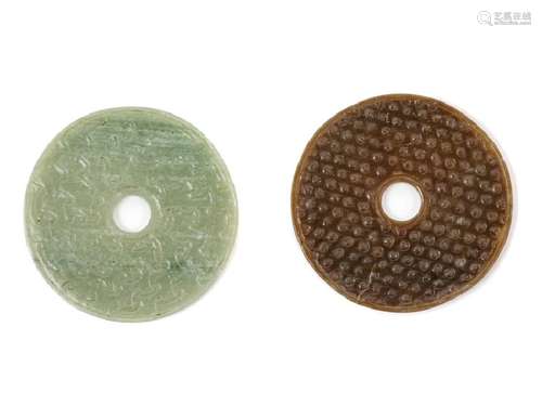 Two Chinese Celadon Jade Bi Disks each of circular form