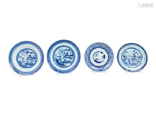 Four Chinese Export Blue and White Porcelain Plates