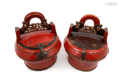 A Pair of Chinese Red Lacquered Wood Baskets Each: 33