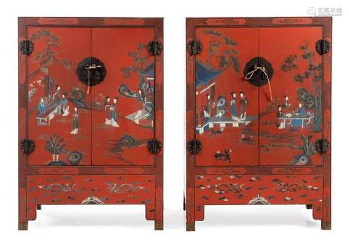 A Pair of Chinese Red Lacquered Wood Cabinets 20TH