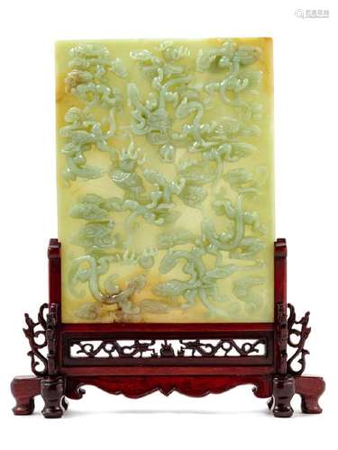 A Chinese Yellow Celadon Jade 'Chilong' Table Screen of