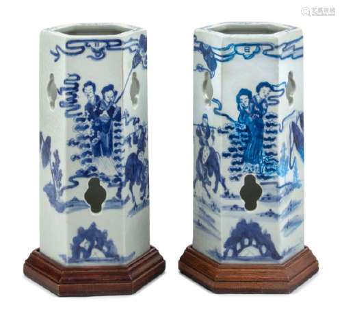 A Pair of Chinese Blue and White Porcelain Hexagonal