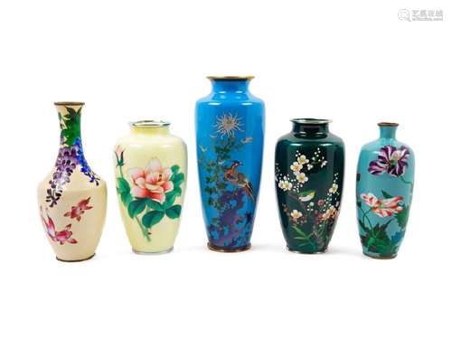 Five Japanese Cloisonné Enamel Bottle Vases 20TH