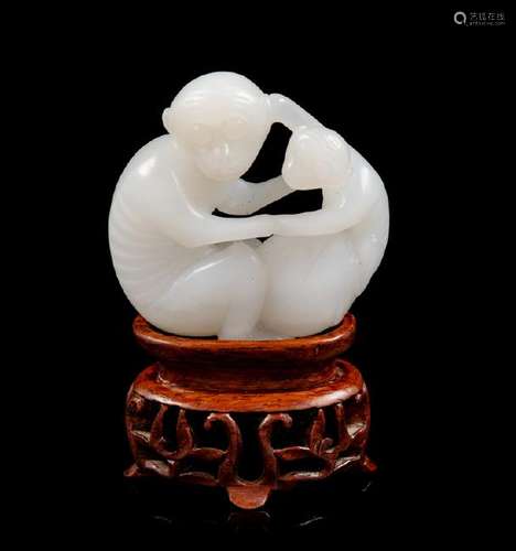 A Chinese White Jade Figural Group of Two Monkeys 20TH