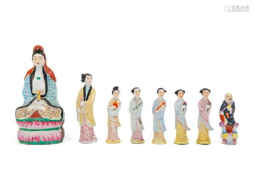 A Group of Eight Chinese Famille Rose Porcelain Figures