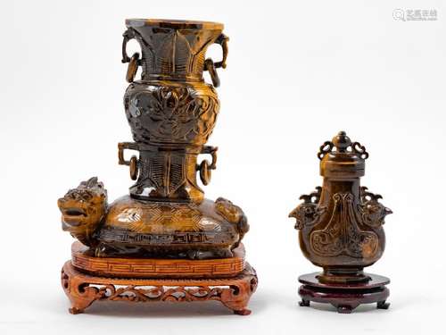 Two Chinese Tiger's Eye Stone Vases the first a