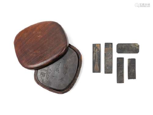 A Set of Five Chinese Inkcakes and One Inkstone Set