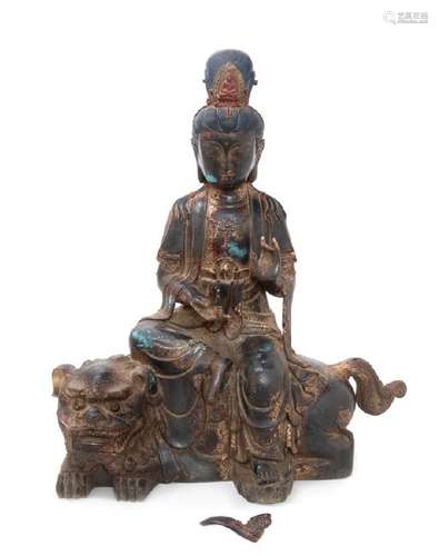 A Chinese Gilt and Red Lacquer Bronze Figure of a