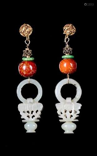 A Pair of Chinese Jade and Cinnabar Beads Earrings LATE